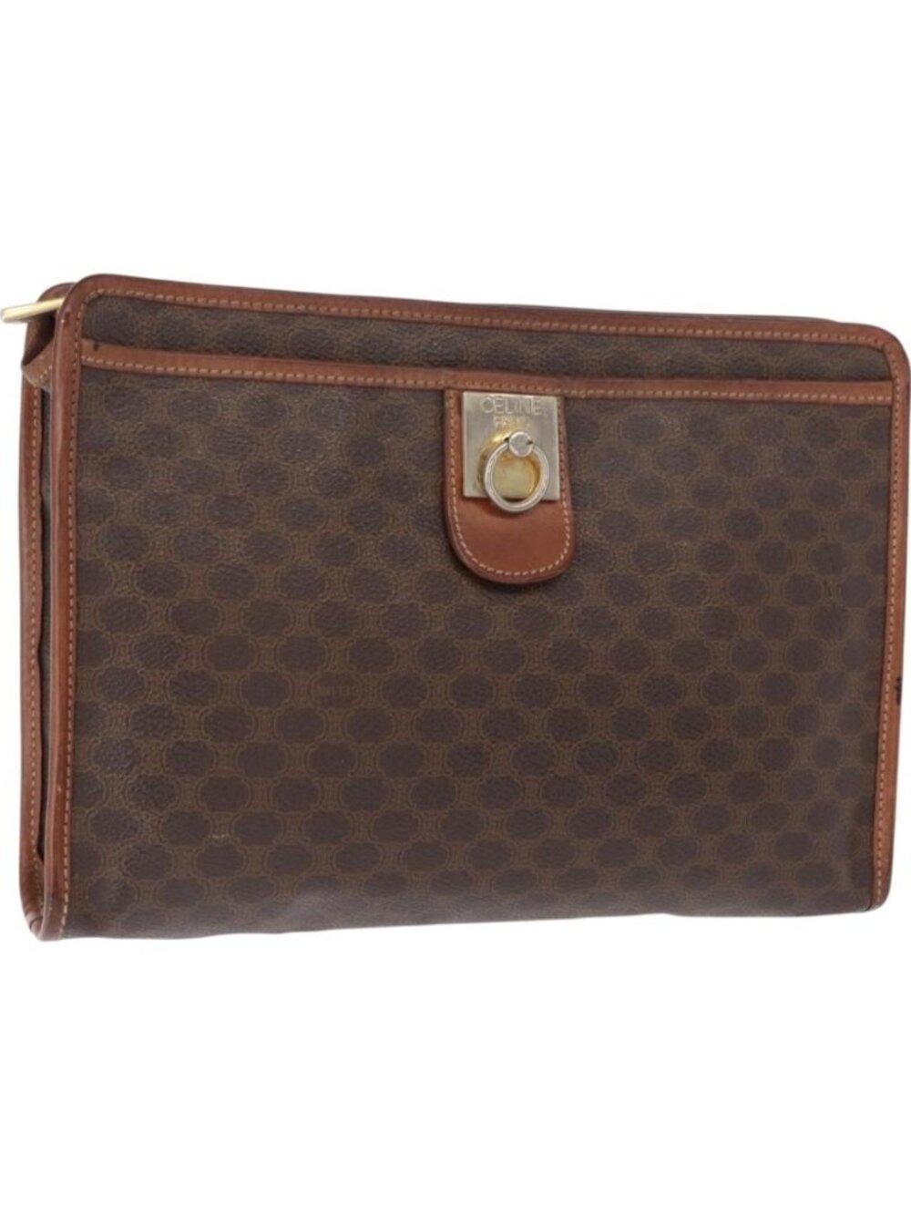 CELINE Macadam Canvas Clutch Bag PVC Leather Brown Gold